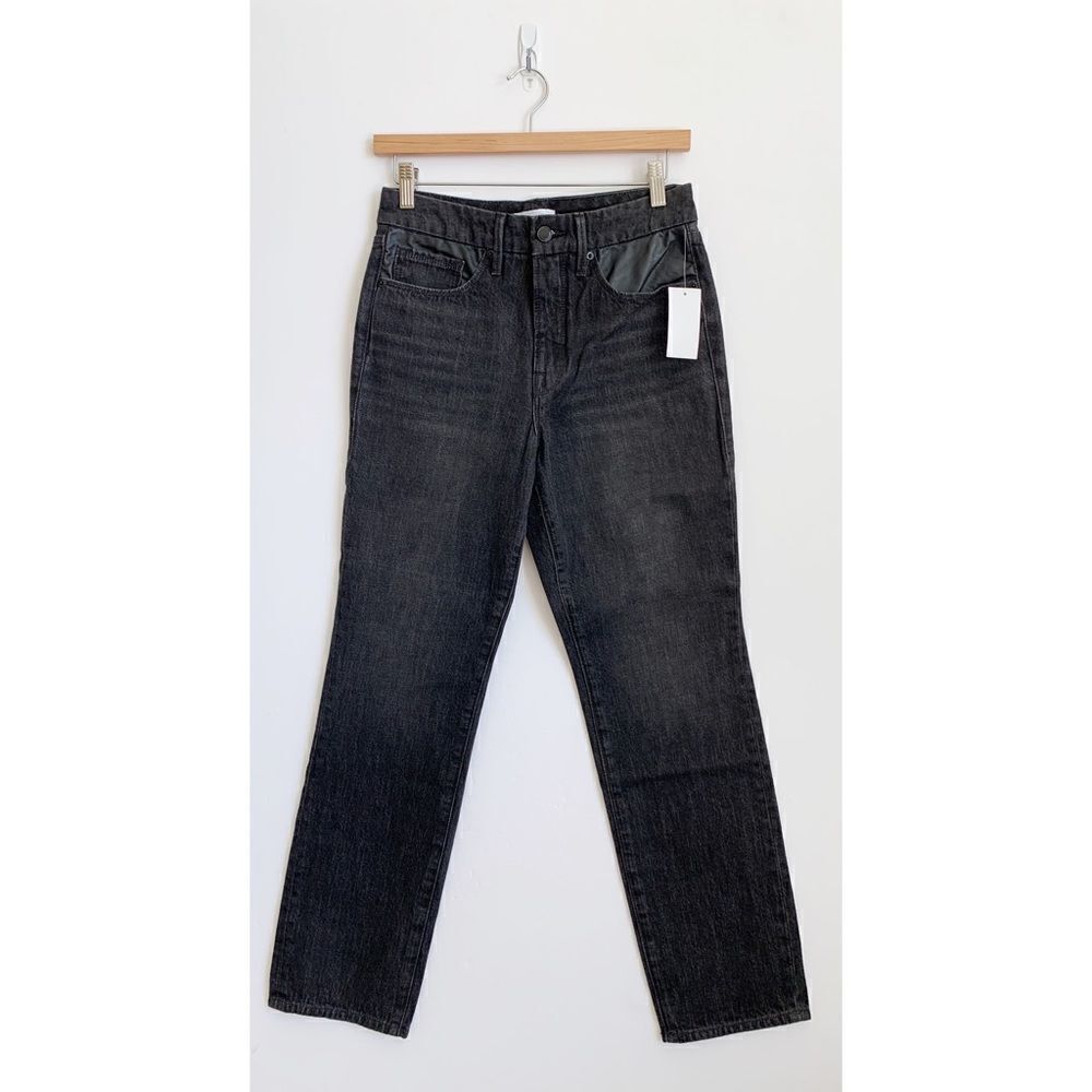 Good American Good Vintage Straight Jeans High Rise Leather Trim Black Size 0